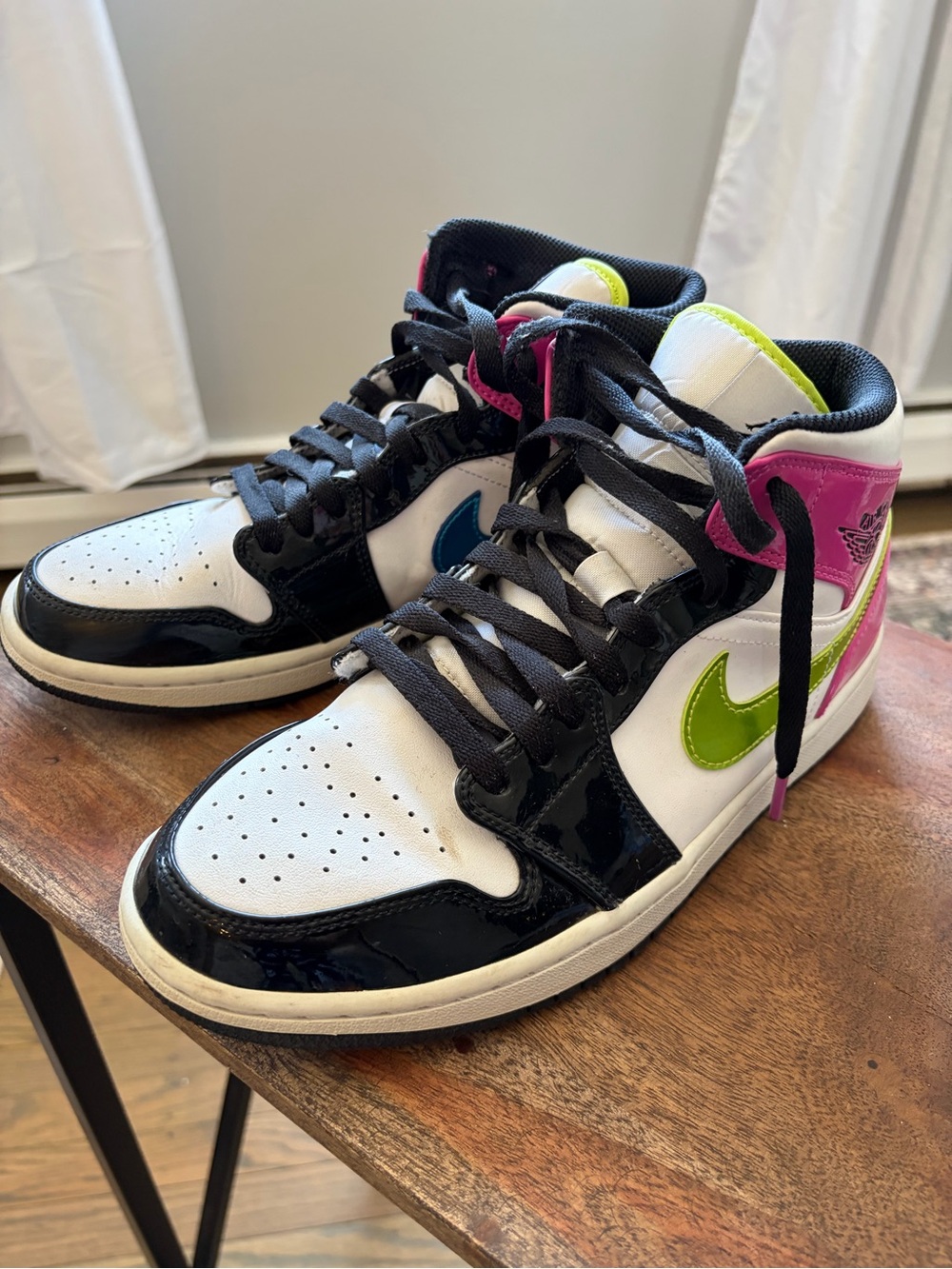 Jordan Retro High Top Sneakers White Black with Pink, Green & Blue Accents - Picture 3 of 7